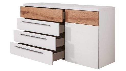 Kombikommode Interliving aus Holz in Weiß Interliving Schlafzimmer Serie 1025 – Kombikommode Weiß & Balkeneiche gehackt - vier Schubladen, eine Tür