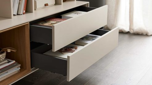 Wohnwand Interliving aus Holz in Beige Interliving Wohnzimmer Serie 2034 - Wohnwand beiger Lack & Eiche - zweiteilig, Länge ca. 270 cm