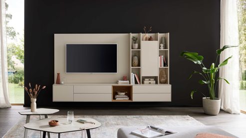 Wohnwand Interliving aus Holz in Beige Interliving Wohnzimmer Serie 2034 - Wohnwand beiger Lack - zweiteilig, Länge ca. 270 cm