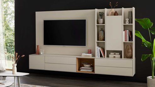 Wohnwand Interliving aus Holz in Beige Interliving Wohnzimmer Serie 2034 - Wohnwand beiger Lack - zweiteilig, Länge ca. 270 cm