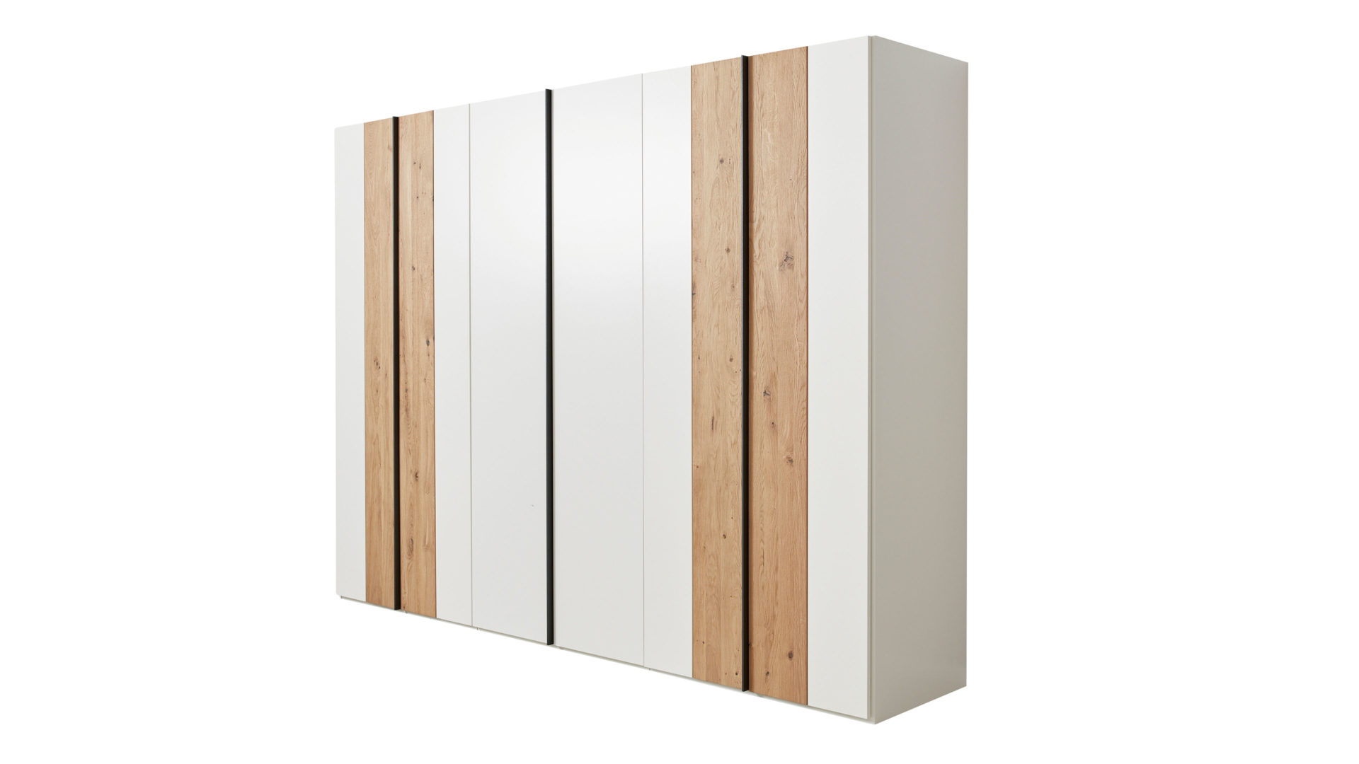 Kleiderschrank Interliving aus Holz in Weiß Interliving Schlafzimmer Serie 1019 – Kleiderschrank Wildeiche & weißer Mattlack – sechs Türen, Breite ca. 299 cm