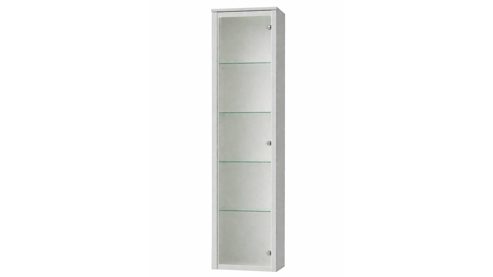 Midischrank Interliving aus Holz in Hellgrau Interliving Bad Serie 3720 - Midischrank sandfarbenes Lacklaminat & Milchglas - eine Tür