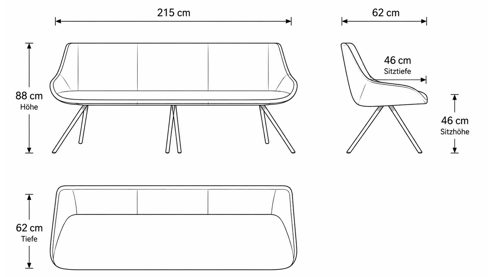 Polsterbank Interliving aus Leder in Beige Interliving Esszimmer Serie 5115 - lederbezogene  Polsterbank milchkaffeefarbenes Leder Tendens Latte & anthrazitfarbenes Metall - Länge ca. 215 cm