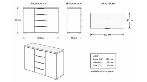 Kombikommode Interliving aus Holz in Schwarz Interliving Kleiderschrank Serie 1208 - Kombikommode Schwarzglas & Atlantic Eiche - zwei Türen, vier Schubladen, Breite ca. 120 cm