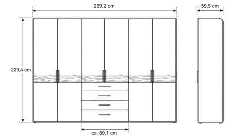 Kleiderschrank Interliving aus Holz in Grau Interliving Schlafzimmer Serie 1023 – Funktionsschrank Taupe & Balkeneiche - sechs Türen, drei Schubladen, Breite ca. 269 cm