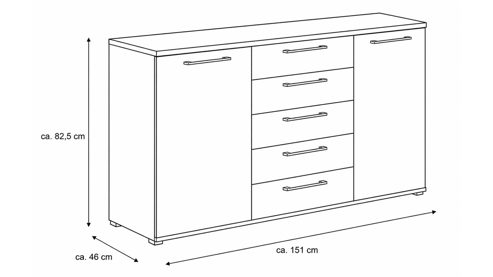 Kombikommode Interliving aus Holz in Hellgrau Interliving Kleiderschrank Serie 1207 – Kombikommode Satingrau & Wildeiche – zwei Türen, fünf Schubladen, Breite ca. 151 cm