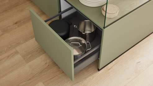 Einbauküche culineo® aus Holz in Hellgrün Culineo® Einbauküche C357  mit Einbaugeräten Olive & Schiefergrau - zweizeilig