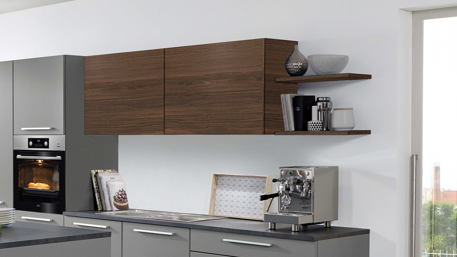 Einbauküche Nolte® küchen aus Holz in Grau nolte® Einbauküche Soft Lack mit AEG-Einbaugeräten Quarzgrau & Nussbaum Kuba – zweizeilig