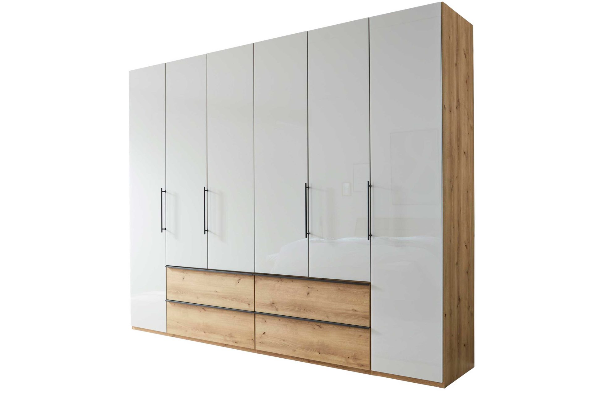 Kleiderschrank Interliving aus Holz in Hellgrau Interliving Kleiderschrank Serie 1205 – Kleiderschrank Champagner & Eiche Bianco – sechs Türen & vier Schubladen, Breite ca. 300 cm