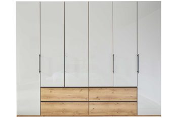 Kleiderschrank Interliving aus Holz in Hellgrau Interliving Kleiderschrank Serie 1205 – Kleiderschrank Champagner & Eiche Bianco – sechs Türen & vier Schubladen, Breite ca. 300 cm