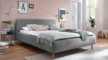 Bettgestell Meise.möbel aus Stoff in Hellgrau Polsterbettgestell Mattis hellgraues Flachgewebe Aspen 92 & Holzfüße - Liegefläche ca. 140 x 200 cm