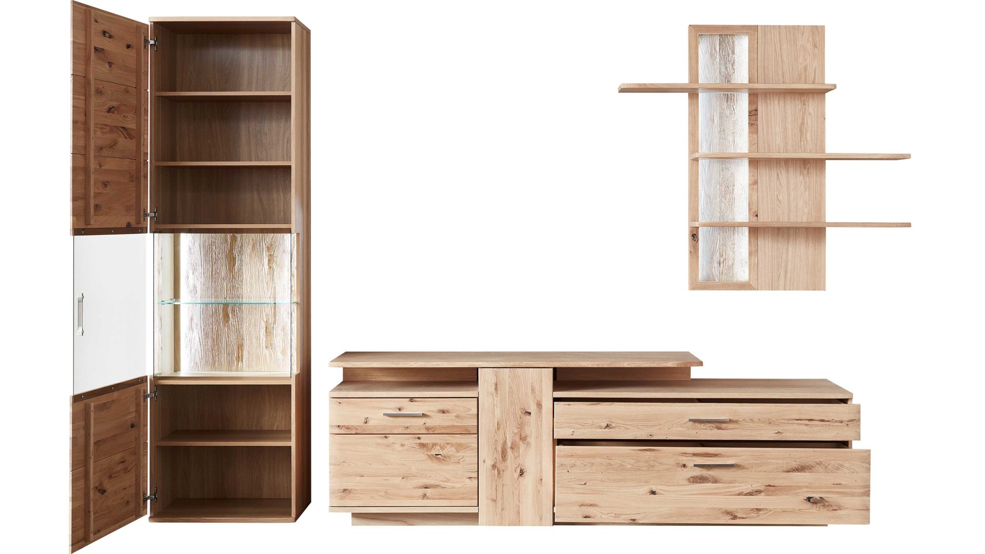 Wohnwand Mca direkt aus Holz in Holzfarben Wohnprogramm Santori - Wohnwand Eiche & Asteiche – dreiteilig, Breite ca. 320 cm
