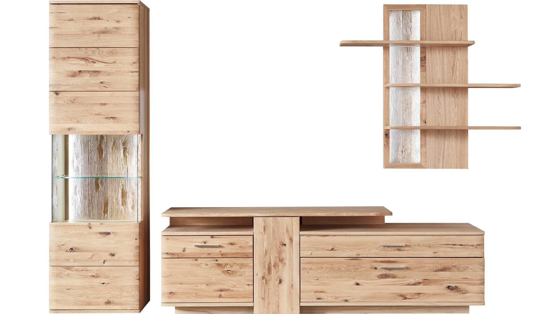 Wohnwand Mca direkt aus Holz in Holzfarben Wohnprogramm Santori - Wohnwand Eiche & Asteiche – dreiteilig, Breite ca. 320 cm