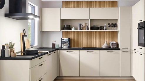 Einbauküche Nobilia® aus Holz in Beige nobilia® Einbauküche Easytouch mit Elektrogräten Sand & Stripewood light - Stellfläche ca. 350 x 340 cm