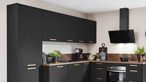 Einbauküche Nobilia® aus Holz in Schwarz nobilia® Einbauküche Easytouch mit privileg E-Geräte, z. B. Kühlschrank Grafitschwarz & Metal Oxid – Stellfläche ca. 277 x 217 cm