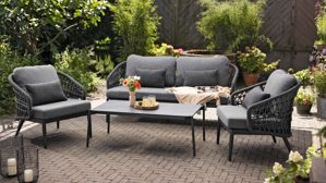 Lounge-Gruppe Interliving aus Kunstfaser in Grau Interliving Gartenmöbel Serie 7013 - Loungemöbel-Set grauer Olefin-Teddybezug, Rope & Aluminium - dreiteilig