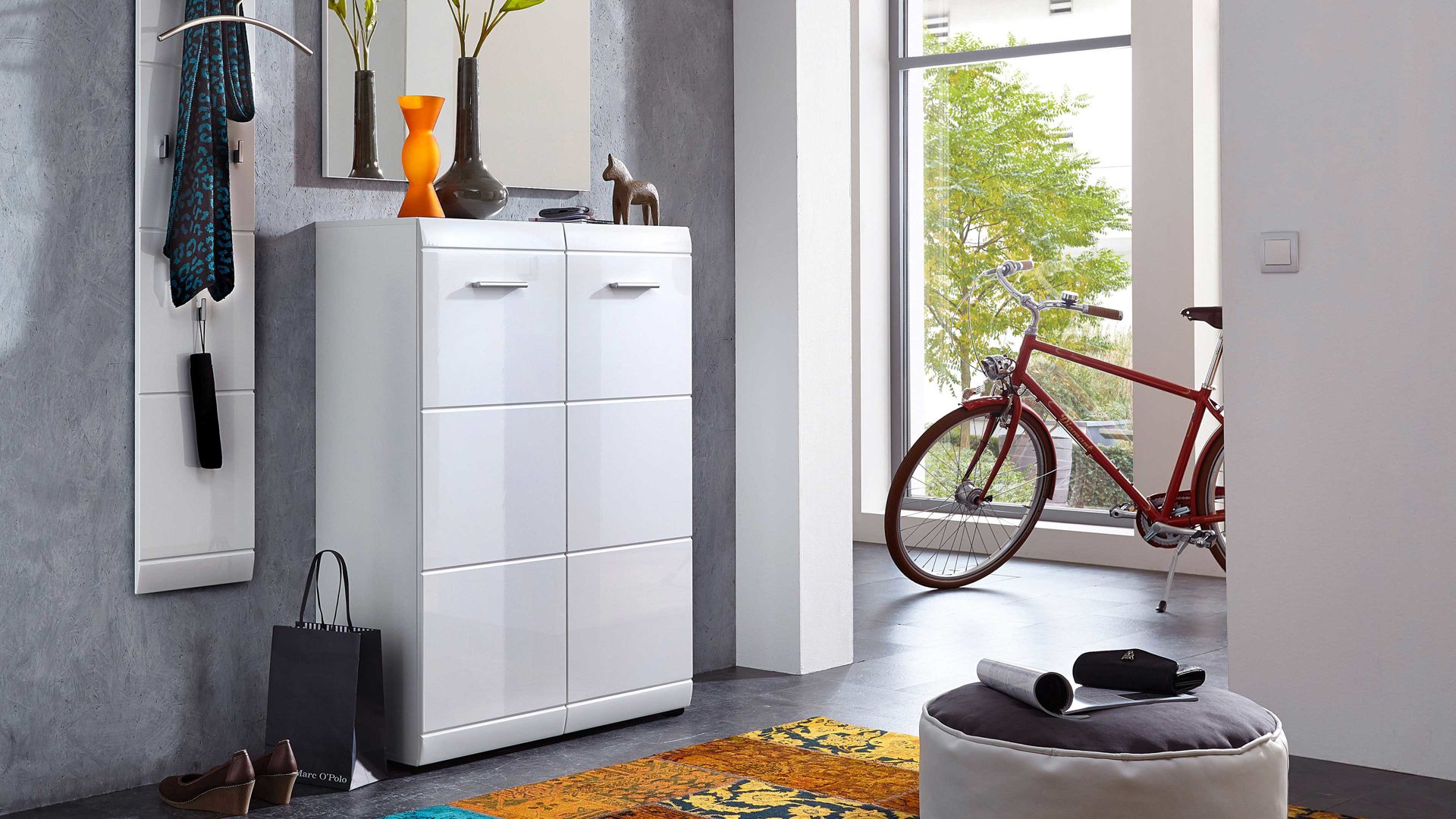 Schuhschrank Germania i.i. aus Holz in Weiß Schuhschrank Adana, ein Dielenmöbel weiße Hochglanzfronten & Kunststoffoberflächen - zwei Türen