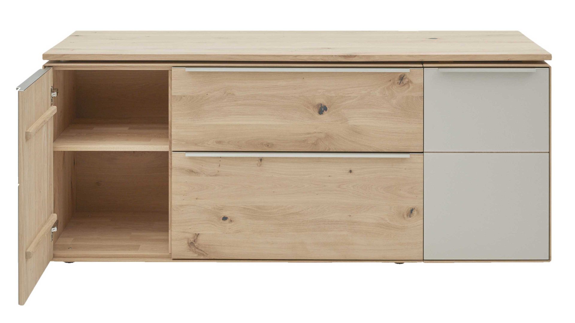 Schreibtisch Interliving aus Holz in Hellgrau Interliving Wohnzimmer Serie 2020 - Verwandlungs-Sideboard 151283 Asteiche bianco & Schlamm – zwei Türen, zwei Klappen