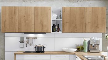 Systemküche WERT KÜCHE® aus Holz in Weiß WERT KÜCHE® Cremona mit AEG Einbaugeräten Alteiche provence & Weiß - zweizeilig