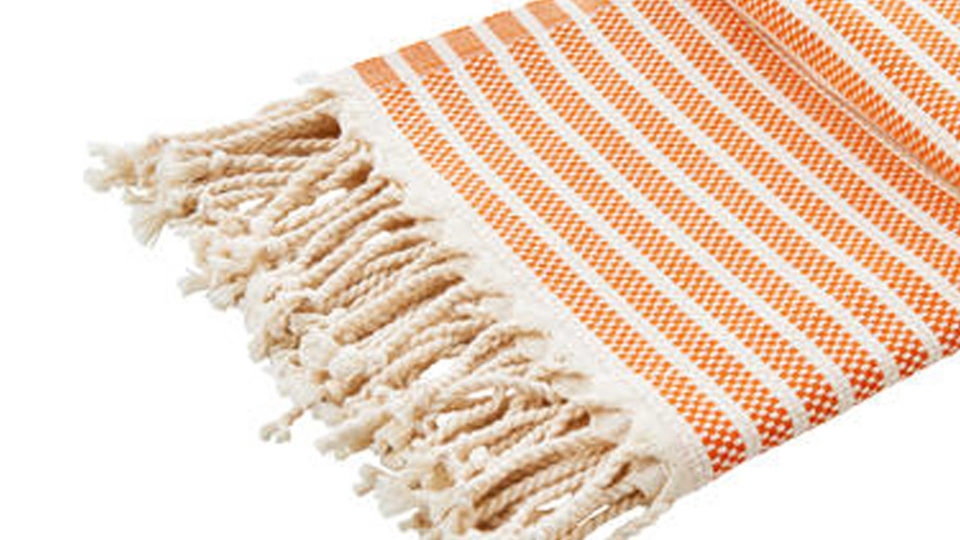 Wohndecke Done.® aus Naturfaser in Orange done.® Wohndecke Lounge Stripes Plus Orange & Weiß – ca. 100 x 180 cm