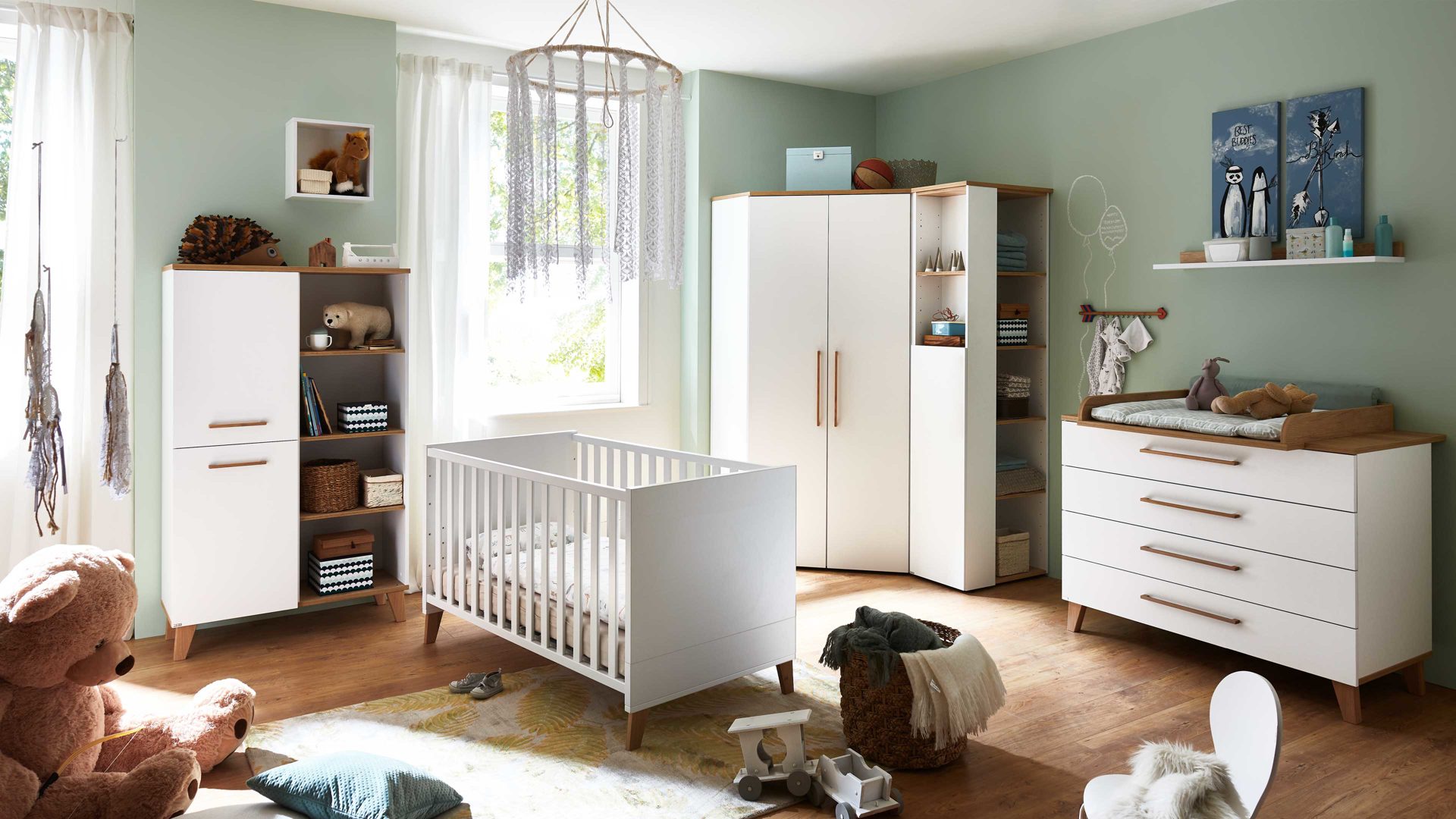 Kleiderschrank Paidi aus Holz in Weiß PAIDI Babyzimmerprogramm Oscar - Eck-Kleiderschrank Kreideweiß & Nebraska Eiche – zwei Türen, Breite ca. 102 cm