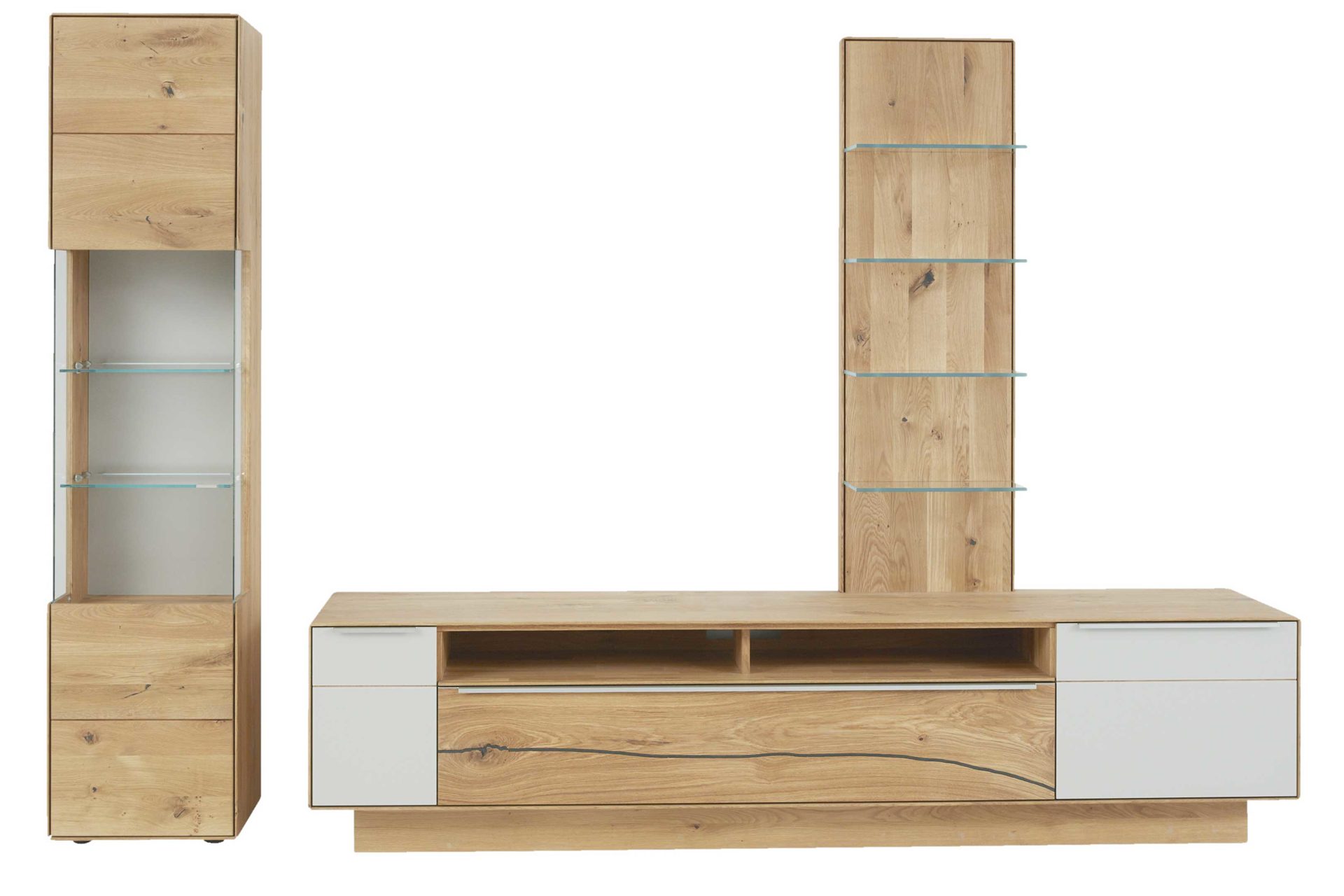 Wohnwand Interliving aus Holz in Hellgrau Interliving Wohnzimmer Serie 2020 - Wohnwand Asteiche & Schlamm – dreiteilig, Breite ca. 309 cm