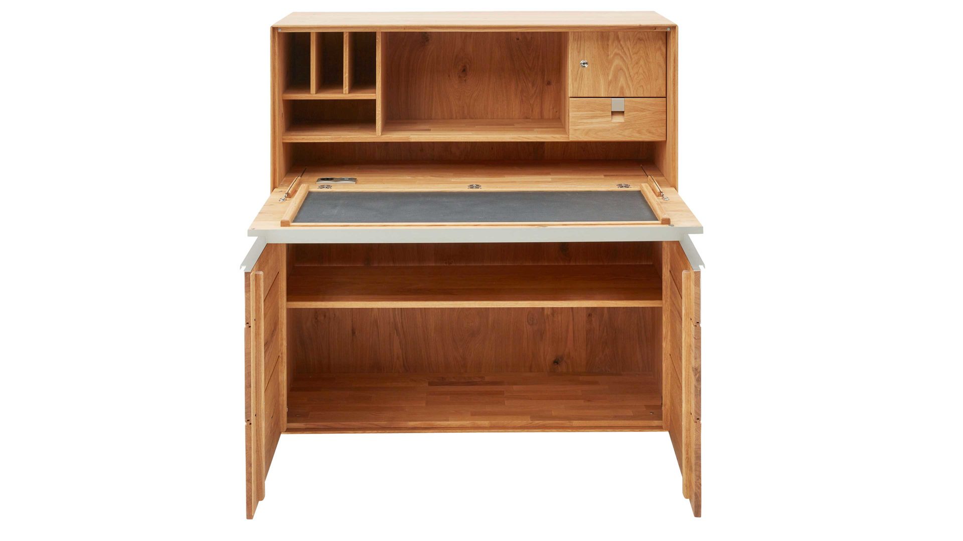 Schreibtisch Interliving aus Holz in Weiß Interliving Wohnzimmer Serie 2020 - Highboard 151197 Optiwhite, Asteiche & Riss-Eiche – Schreibplatte, zwei Türen