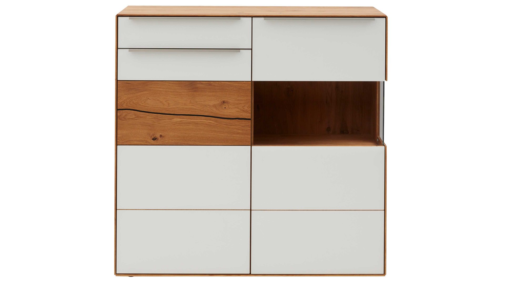 Highboard Interliving aus Holz in Weiß Interliving Wohnzimmer Serie 2020 - Highboard Optiwhite, Asteiche & Riss-Eiche – zwei Türen, eine Schublade