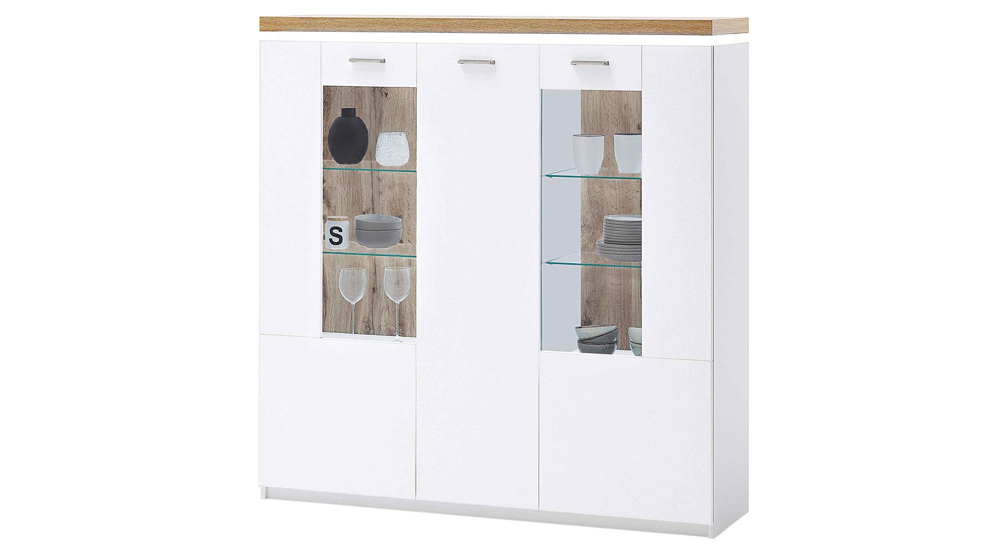 Highboard Mca furniture aus Holz in Weiß Wohnprogramm Cali - Highboard-Vitrine 05 Weiß & Wotan Eiche - drei Türen, Breite ca. 138 cm
