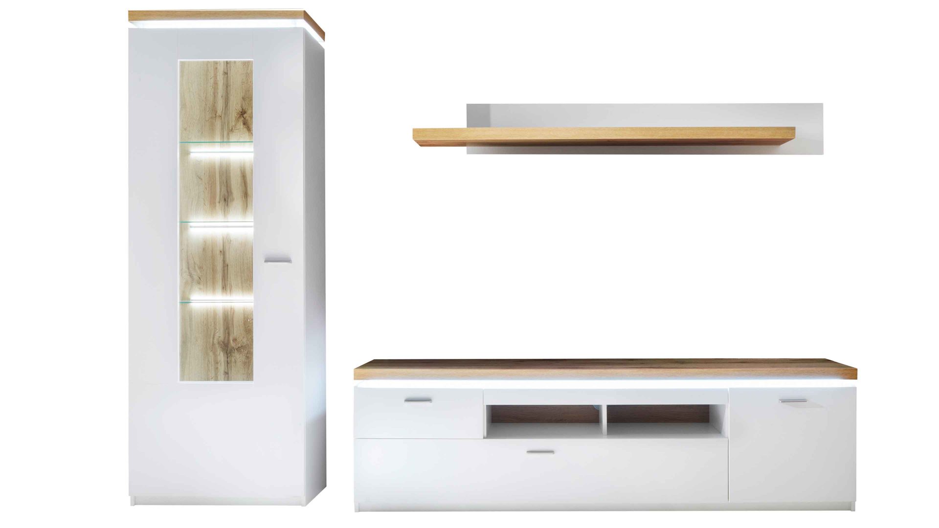 Wohnwand Mca furniture aus Holz in Weiß Wohnprogramm Cali - Wohnwand 01 Weiß & Wotan Eiche - dreiteilig, Breite ca. 275 cm