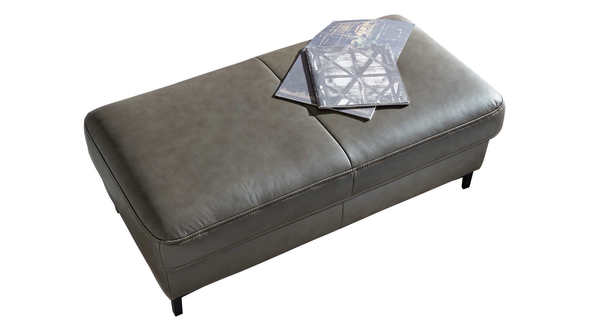 Funktionshocker Interliving aus Leder in Grau Interliving Sofa Serie 4054 – Funktionshocker XXL HoF steingrauer LongLife-Leder Vivre & schwarze Metallfüße – ca. 130 x 60 cm