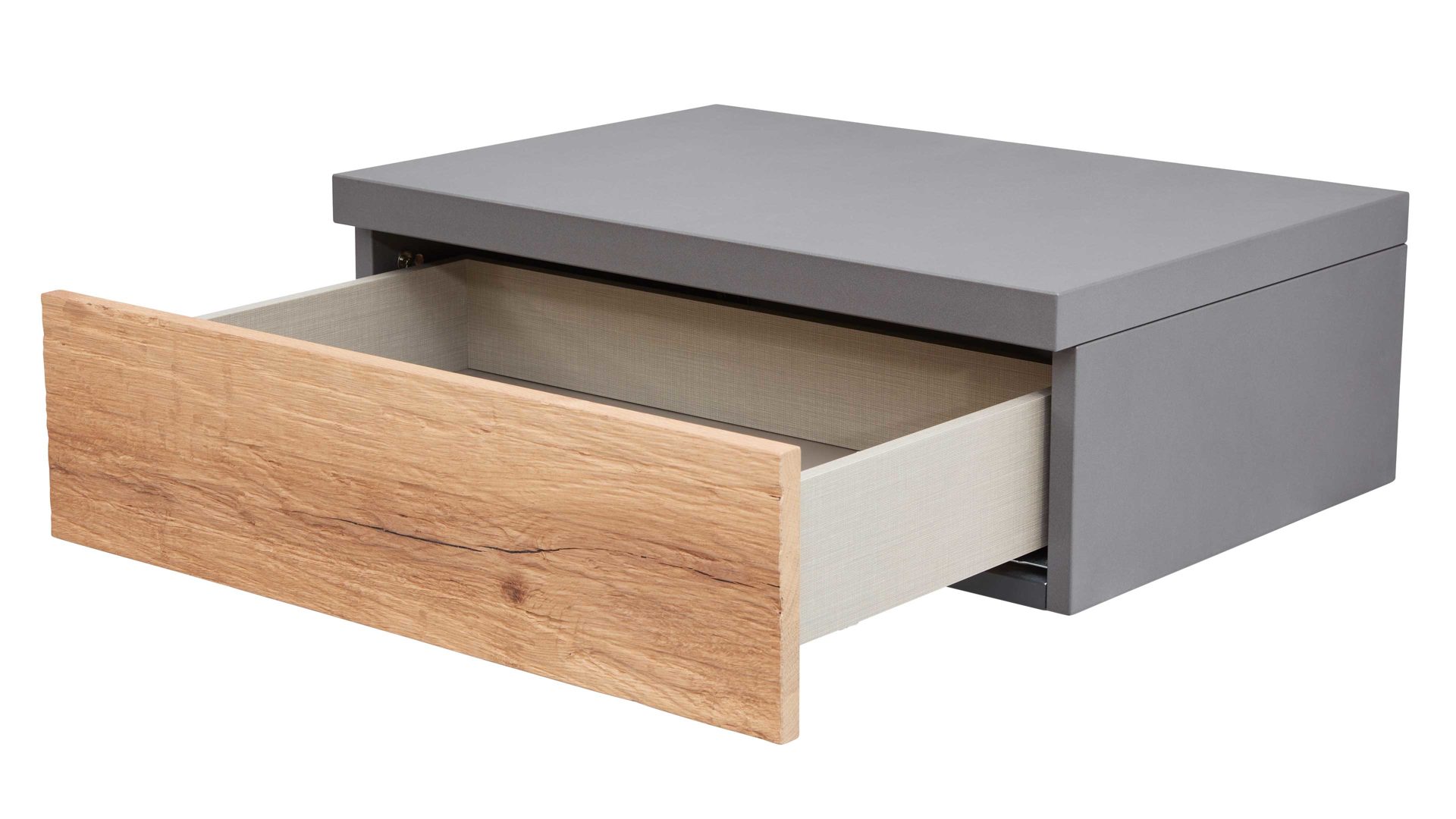 Nachtkommode Interliving aus Holz in Dunkelgrau Interliving Schlafzimmer Serie 1025 – Hängekonsole links, eine Schublade - Graphit & Balkeneiche gehackt