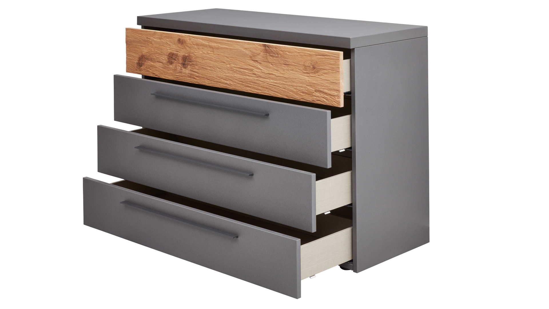 Schubladenkommode Interliving aus Holz in Dunkelgrau Interliving Schlafzimmer Serie 1025 – Schubladenkommode Graphit & Balkeneiche gehackt - vier Schubladen