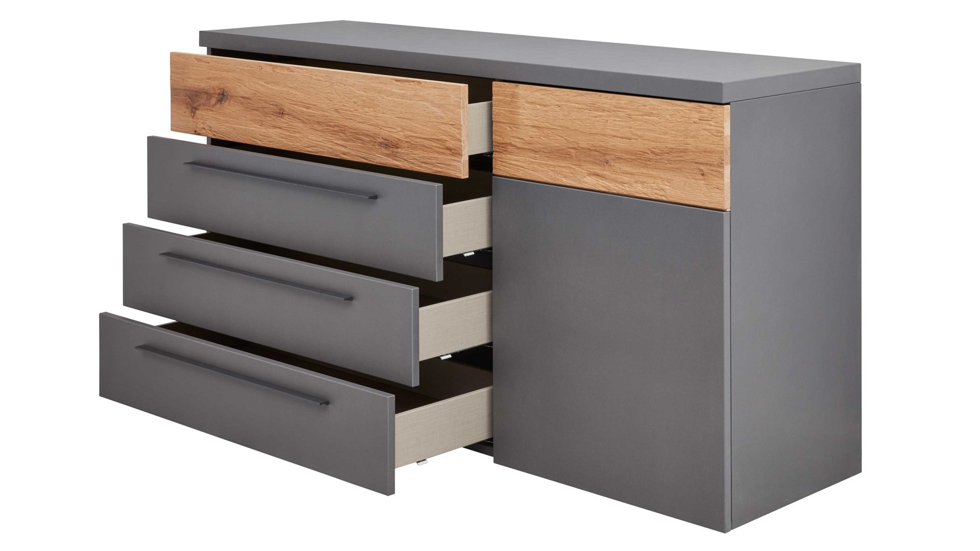 Kombikommode Interliving aus Holz in Dunkelgrau Interliving Schlafzimmer Serie 1025 – Kombikommode 530045 Graphit & Balkeneiche gehackt - vier Schubladen, eine Tür