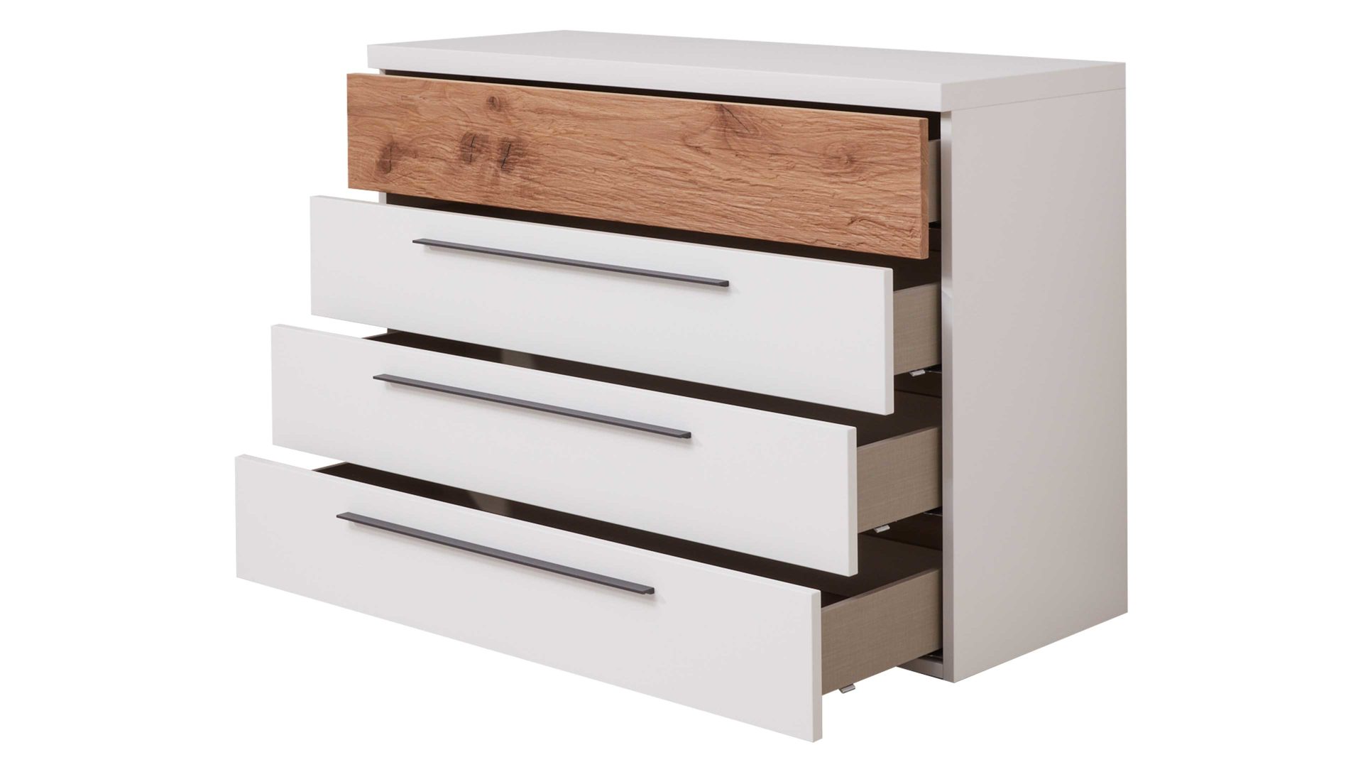Schubladenkommode Interliving aus Holz in Weiß Interliving Schlafzimmer Serie 1025 – Schubladenkommode Weiß & Balkeneiche gehackt - vier Schubladen
