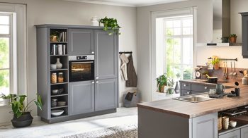 Einbauküche Nolte® küchen aus Holz in Dunkelgrau nolte® Einbauküche Windsor mit AEG-Einbaugeräten Quarzgrau & Eiche Barrique – zweizeilig