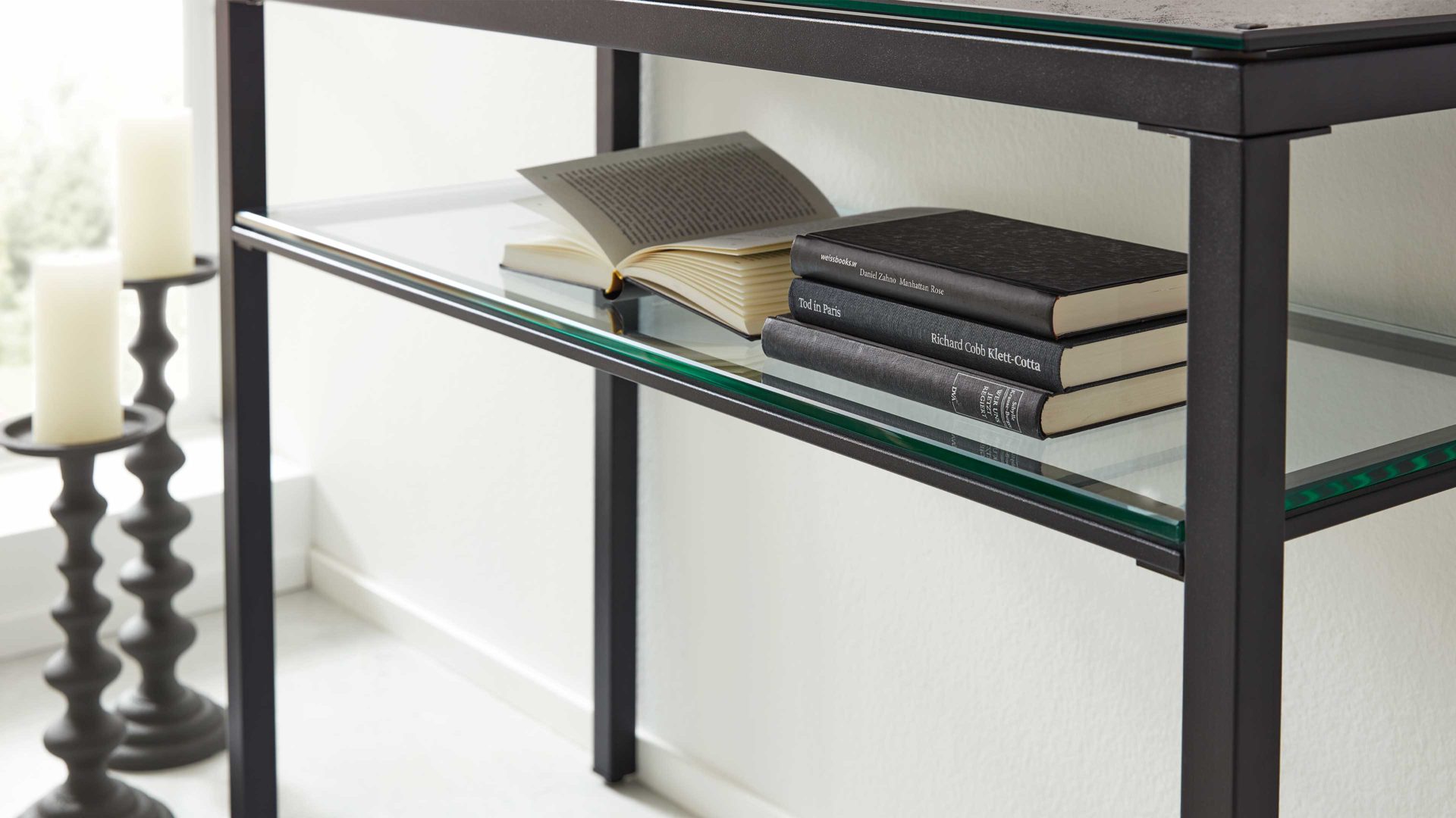 Konsoltisch Interliving aus Keramik in Grau Interliving Couchtisch Serie 6210 - Konsoltisch zementgraue Keramik & schwarzer Stahl - ca. 100 x 38 cm