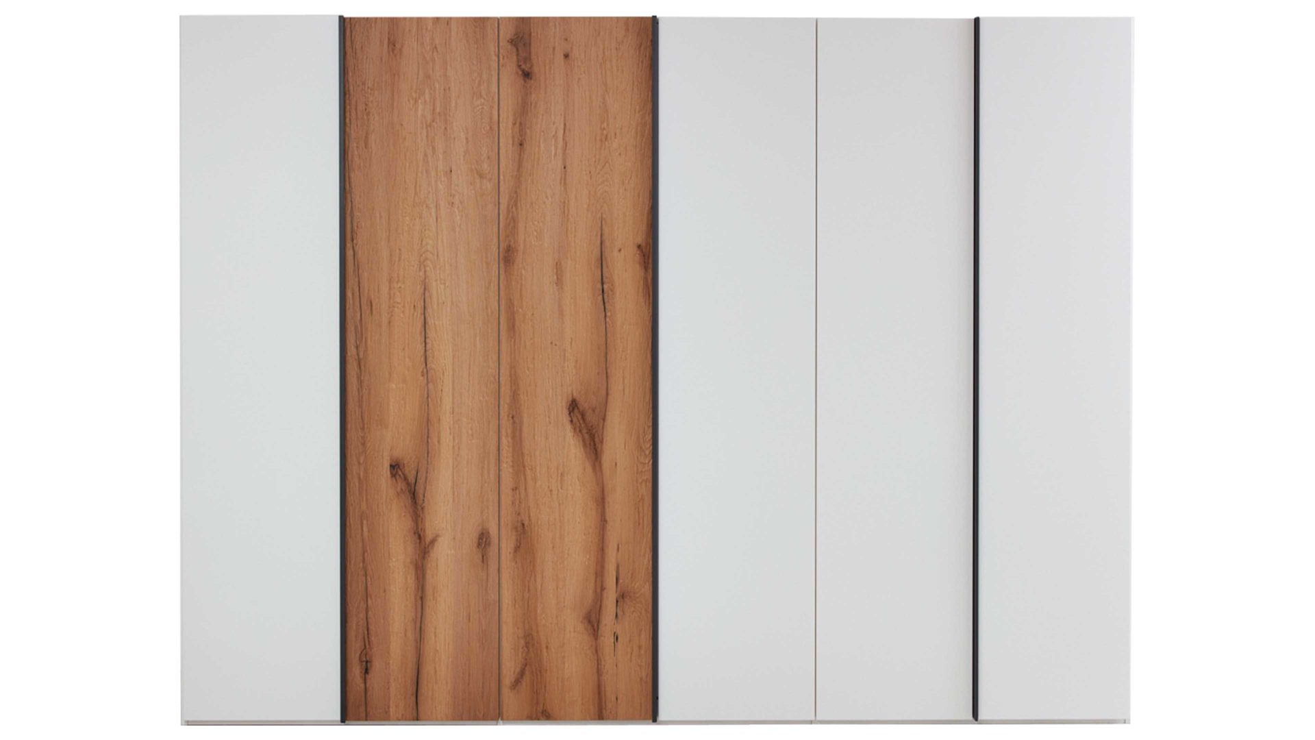Kleiderschrank Interliving aus Holz in Weiß Interliving Schlafzimmer Serie 1025 – Kleiderschrank 531052 Weiß & Balkeneiche gehackt - fünf Türen, Breite ca. 249 cm