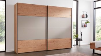 Kleiderschrank Interliving aus Holz in Grau Interliving Schlafzimmer Serie 1024 – Schwebetürenschrank Design 25,  Taupe & Balkeneiche - zwei Türen, Breite ca. 241 cm