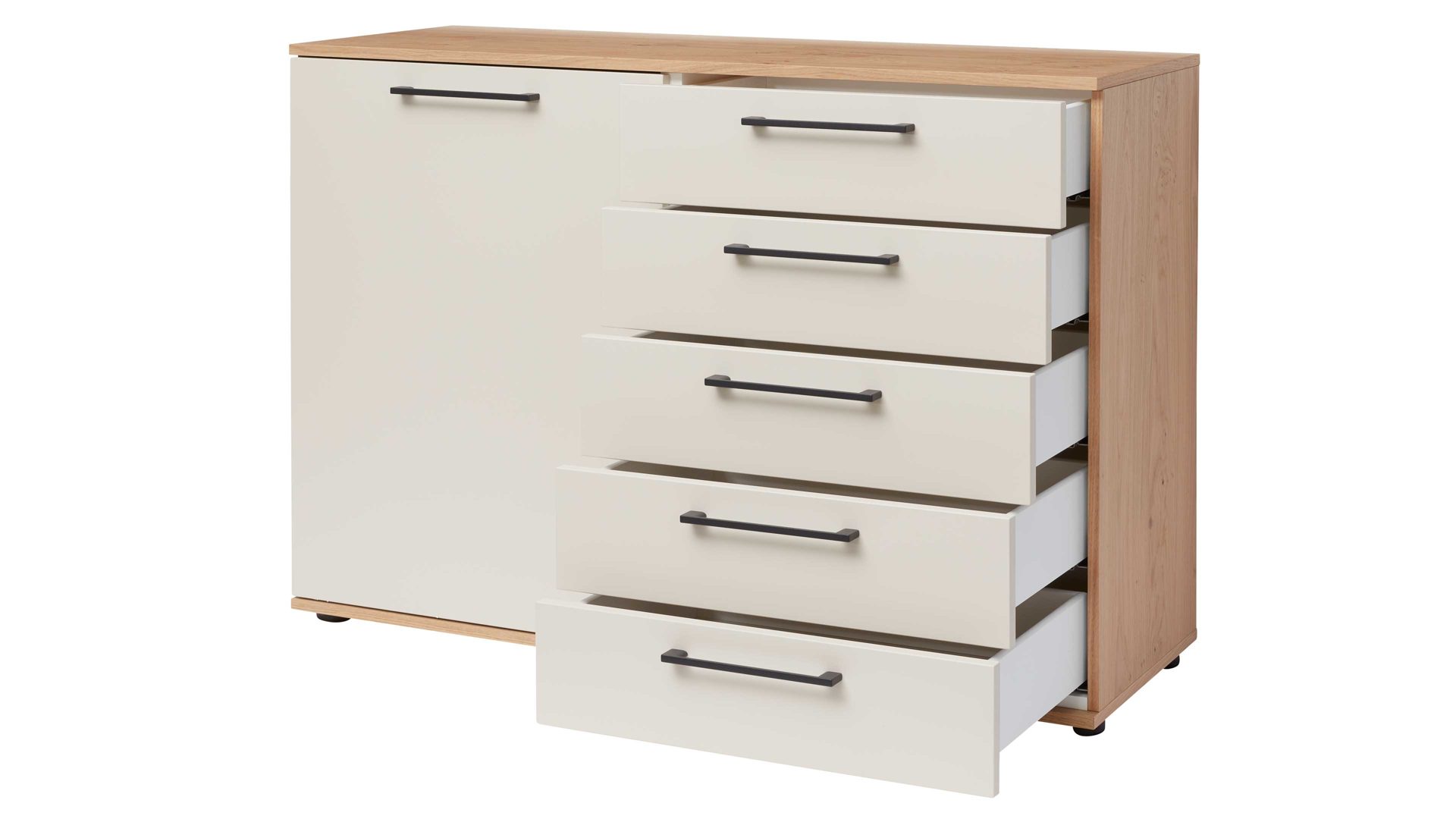 Kombikommode Interliving aus Holz in Beige Interliving Schlafzimmer Serie 1024 – Kombikommode links eine Tür, rechts fünf Schubladen - Sand & Balkeneiche, Breite ca. 120 cm