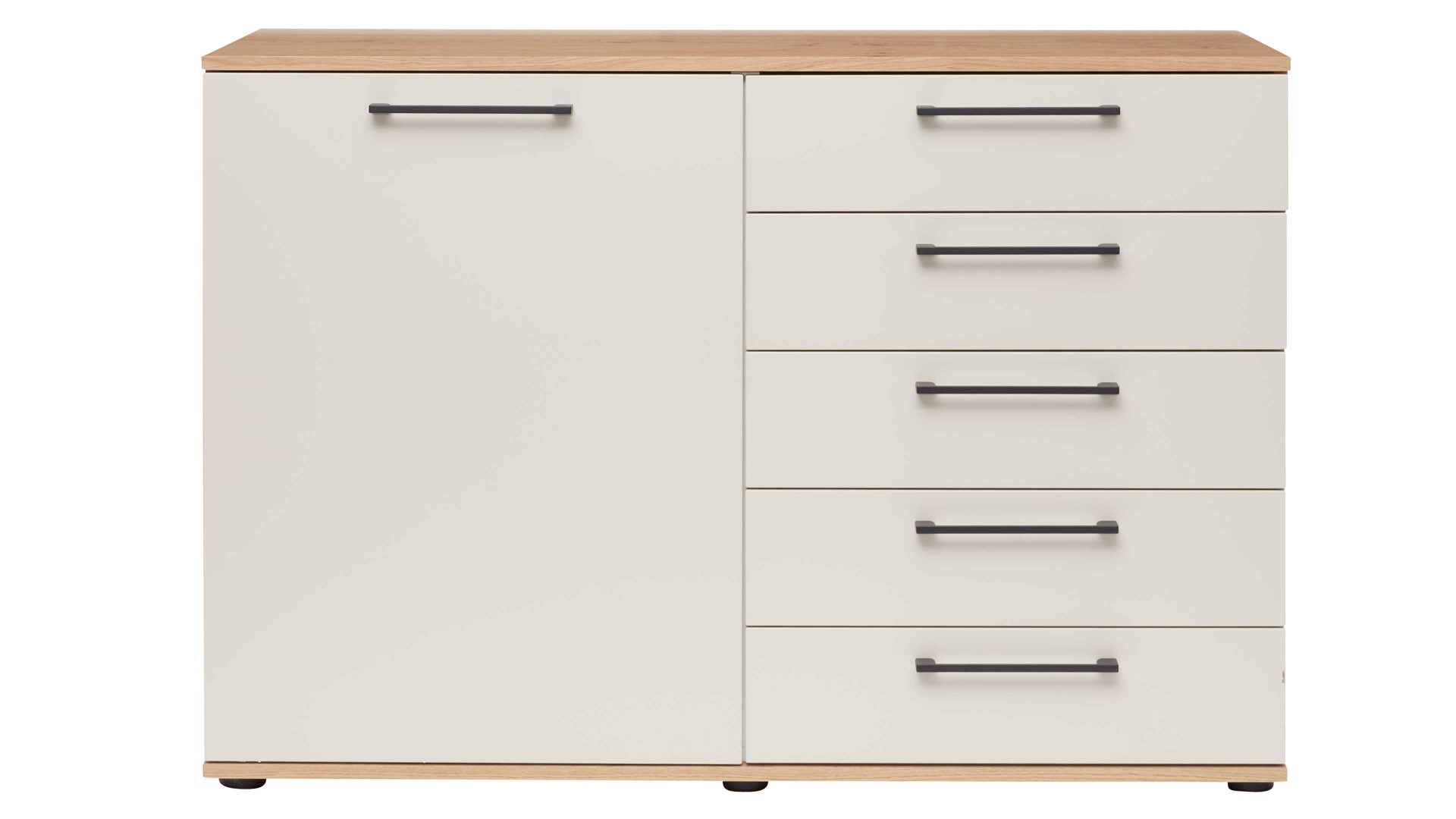 Kombikommode Interliving aus Holz in Beige Interliving Schlafzimmer Serie 1024 – Kombikommode links eine Tür, rechts fünf Schubladen - Sand & Balkeneiche, Breite ca. 120 cm