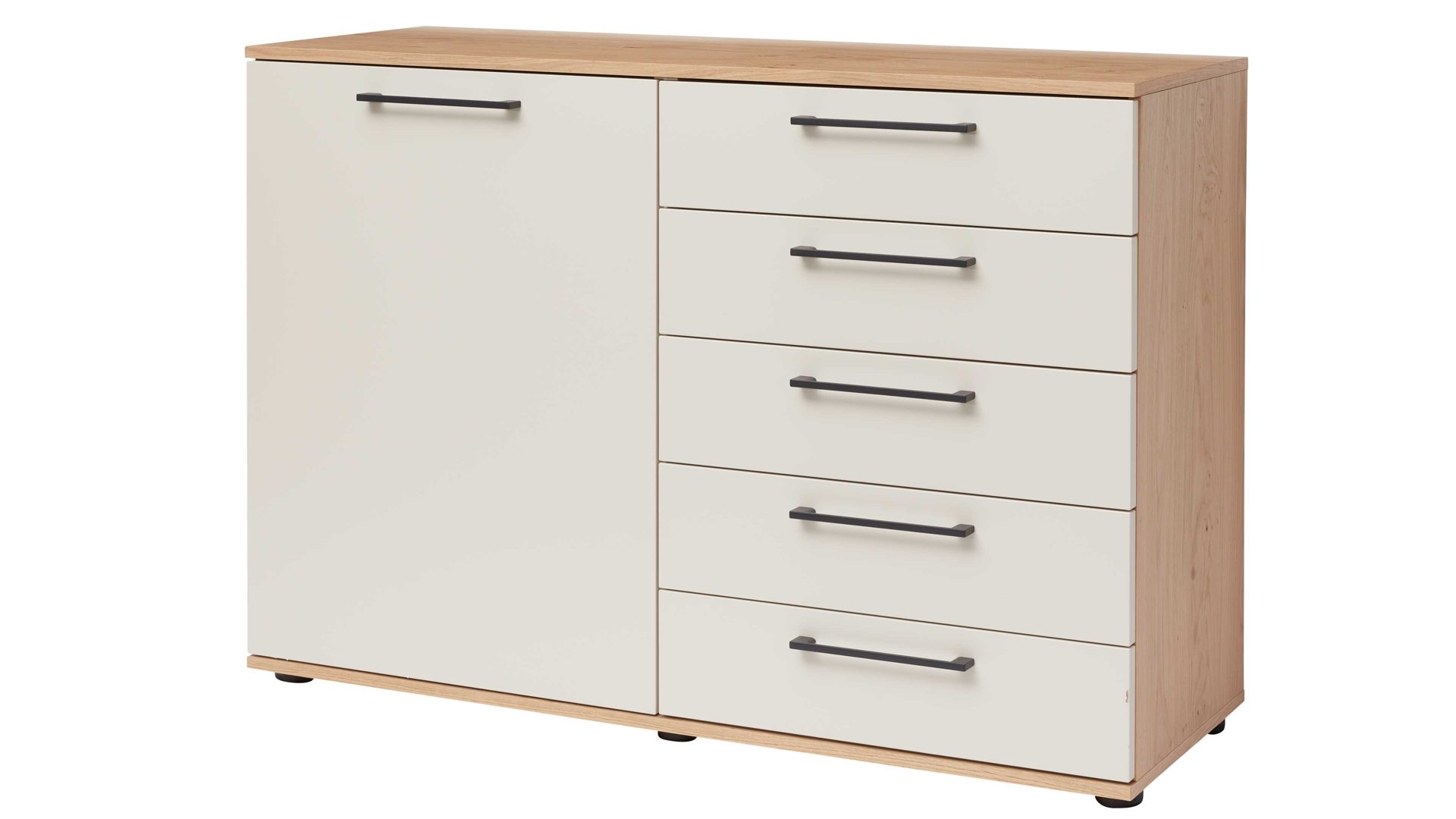 Kombikommode Interliving aus Holz in Beige Interliving Schlafzimmer Serie 1024 – Kombikommode links eine Tür, rechts fünf Schubladen - Sand & Balkeneiche, Breite ca. 120 cm
