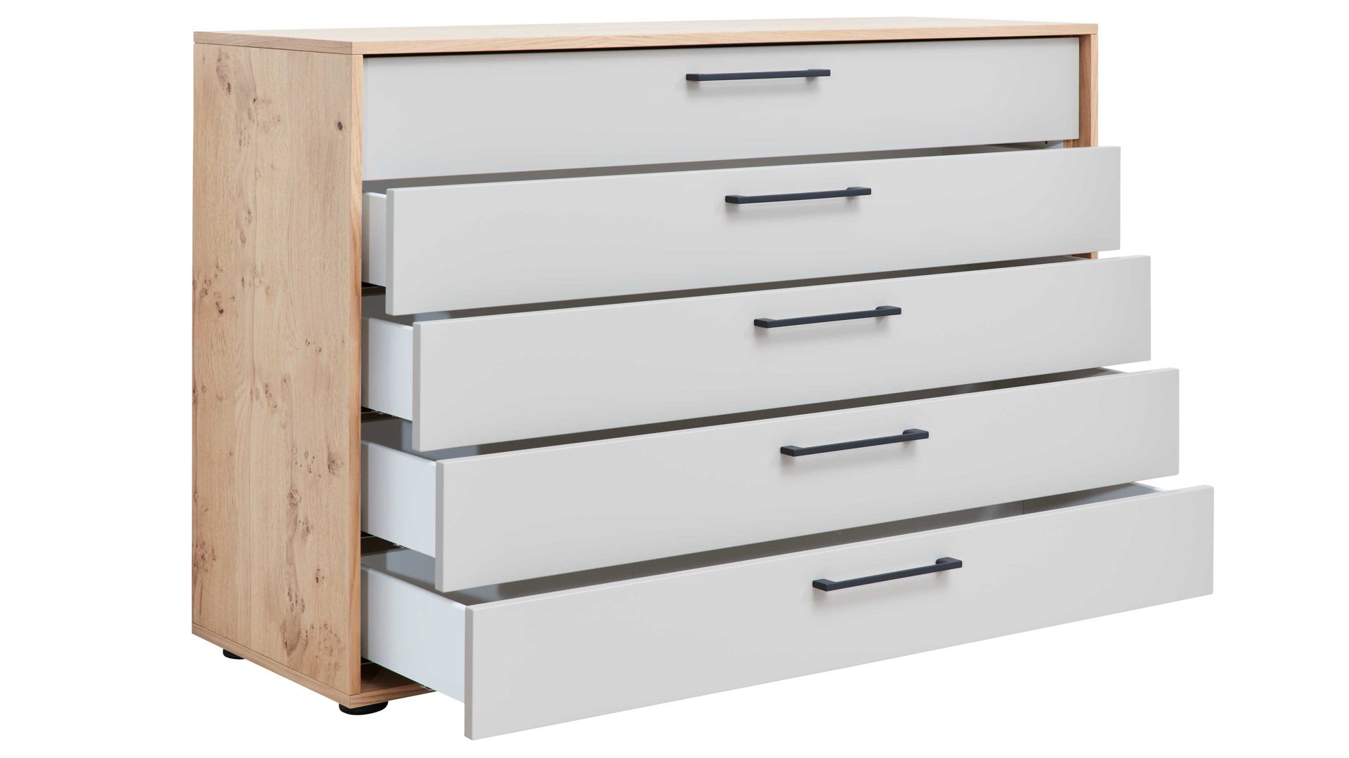 Schubladenkommode Interliving aus Holz in Weiß Interliving Schlafzimmer Serie 1023 – Schubladenkommode Weiß & Balkeneiche - fünf Schubladen, Breite ca. 124 cm