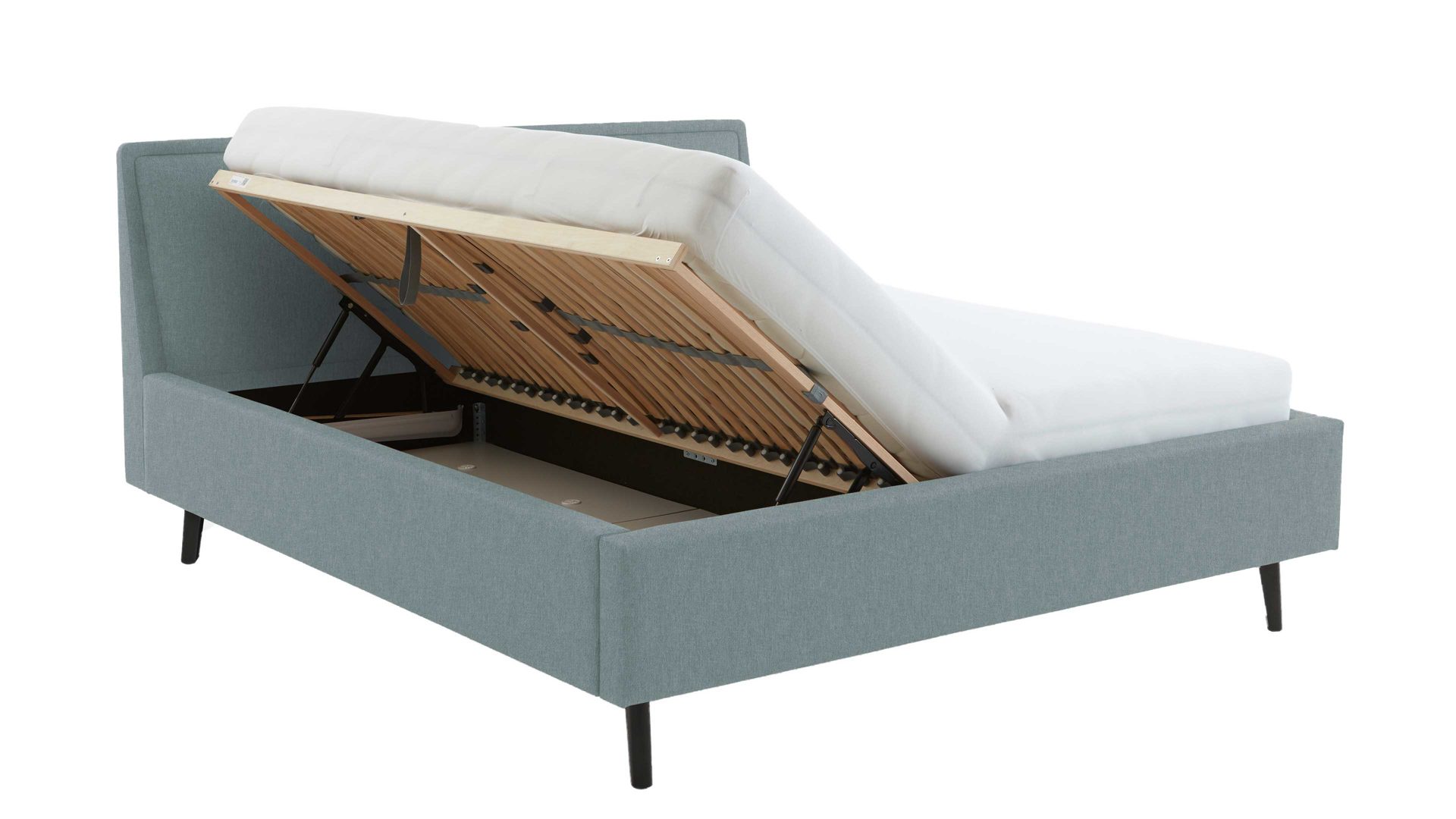 Bettgestell Meise.möbel aus Stoff in Hellblau Polsterbettgestell Frieda mit Bettkasten eisblauer Bezug Sawana 72 & schwarze Holzfüße - Liegefläche ca. 160 x 200 cm