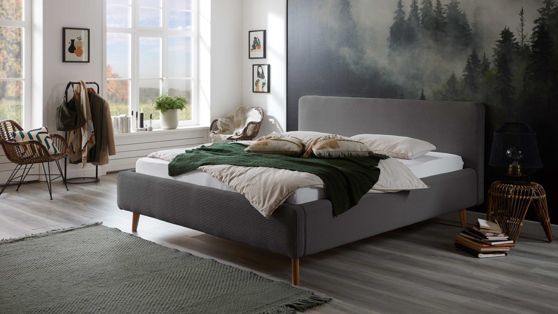 Bettgestell Meise.möbel aus Stoff in Grau Polsterbettgestell Mattis mit Bettkasten grauer Breitcord Poso 22 & Holzfüße - Liegefläche ca. 180 x 200 cm
