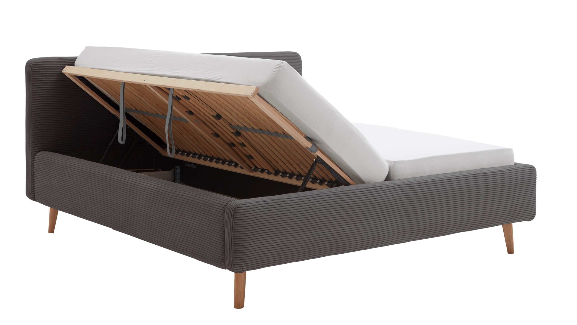 Bettgestell Meise.möbel aus Stoff in Grau Polsterbettgestell Mattis mit Bettkasten grauer Breitcord Poso 22 & Holzfüße - Liegefläche ca. 180 x 200 cm