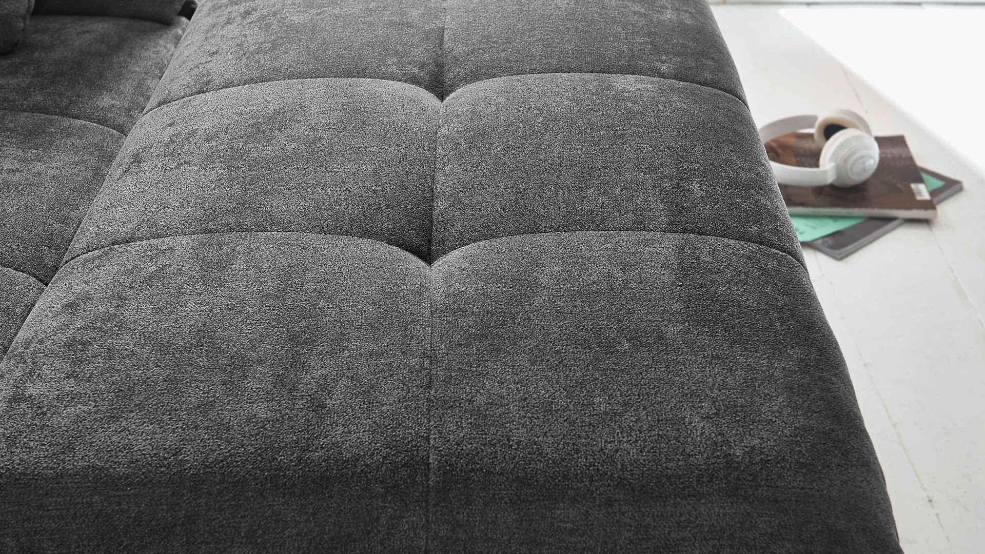 Ecksofa modulmaster aus Stoff in Dunkelgrau Modulmaster MM-MP1078 - Ecksofa schieferfarbene Chenille Charly & glänzende Metall-Winkelfüße - Stellfläche ca. 310 x 244 cm