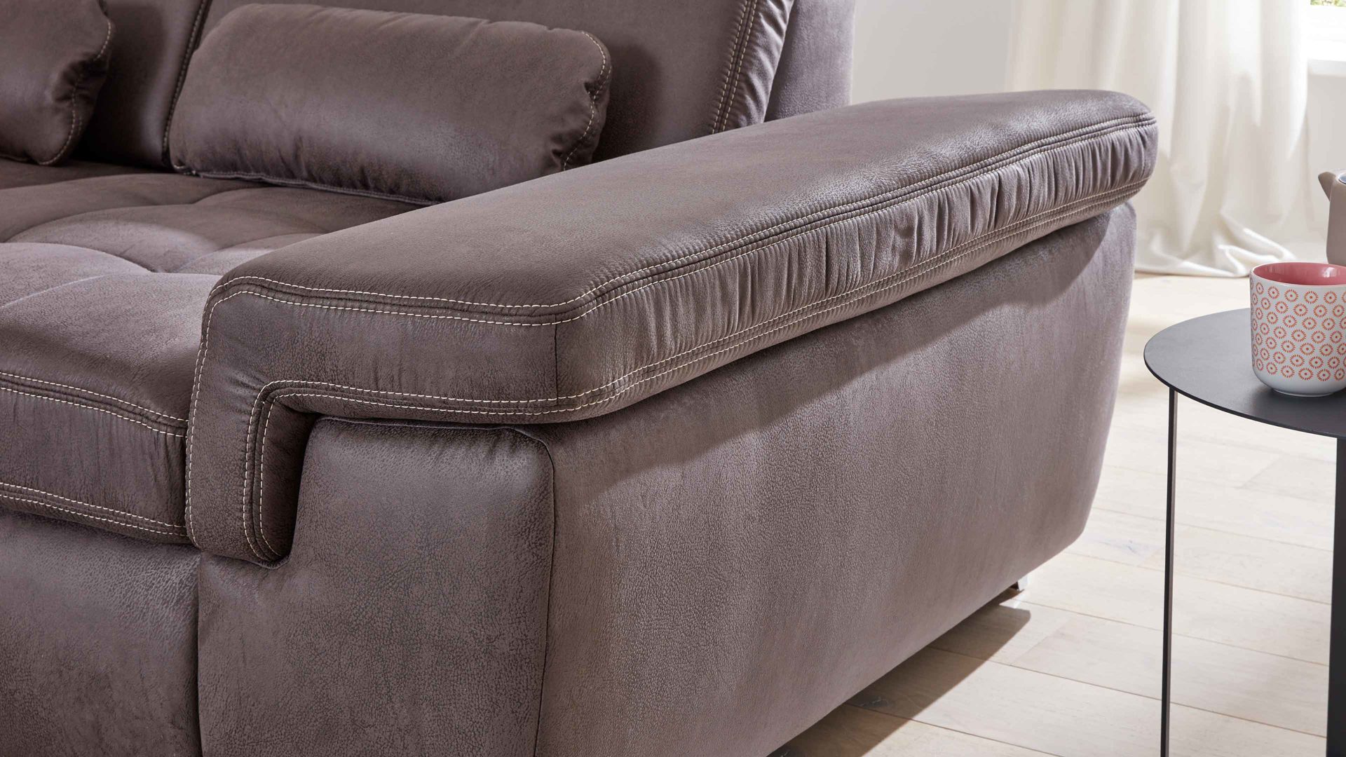 Ecksofa modulmaster aus Stoff in Anthrazit Modulmaster MM-MP1061 - Ecksofa anthrazitfarbene Mikrofaser Saddle & glänzende Metallfüße - Stellfläche ca. 244 x 320 cm