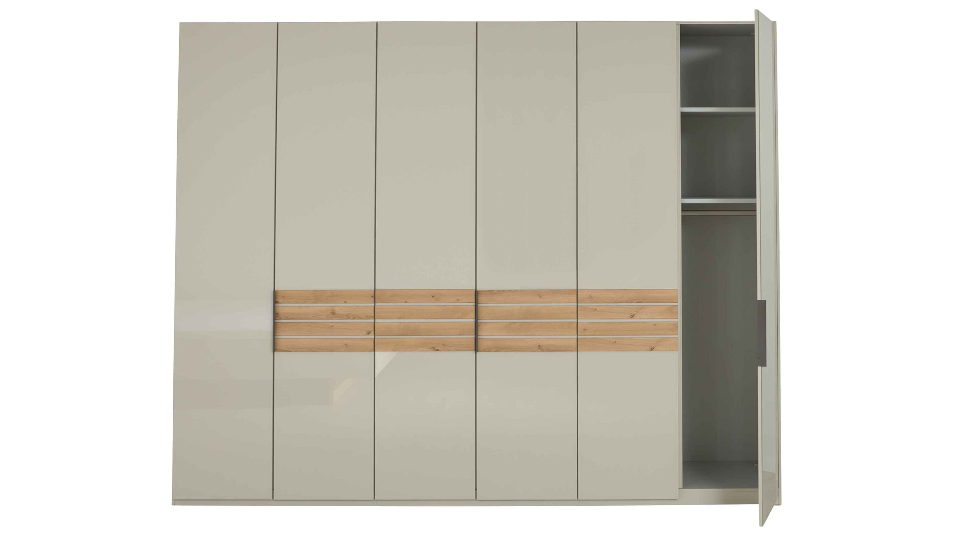 Kleiderschrank Interliving aus Holz in Hellgrau Interliving Schlafzimmer Serie 1026 – Kleiderschrank Champagner & Eiche bianco - sechs Türen, Breite ca. 300 cm