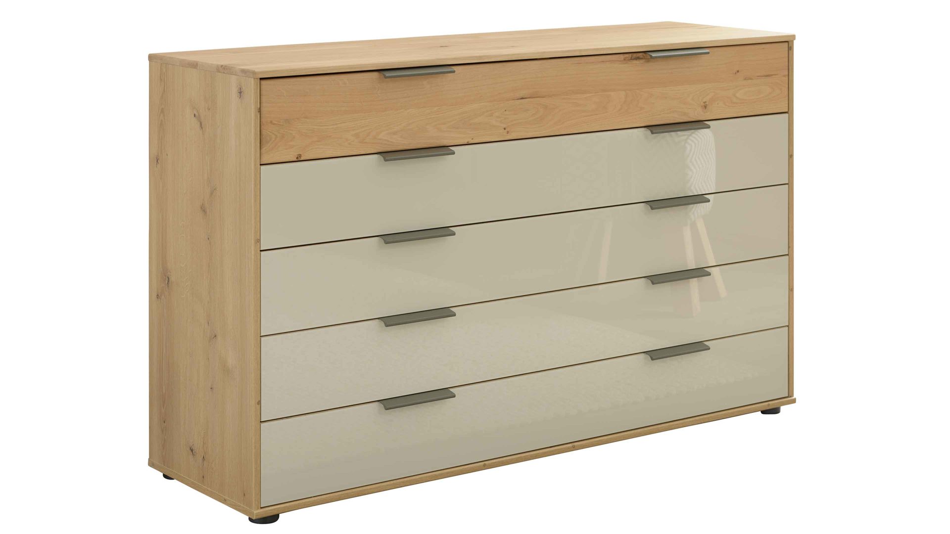 Schubladenkommode Interliving aus Holz in Hellgrau Interliving Schlafzimmer Serie 1027 – Schubladenkommode 759 Eiche bianco & Champagner - fünf Schubladen, Breite ca. 141 cm